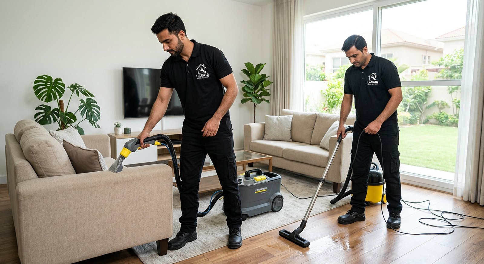 Deep cleaning of a living room with extraction machines